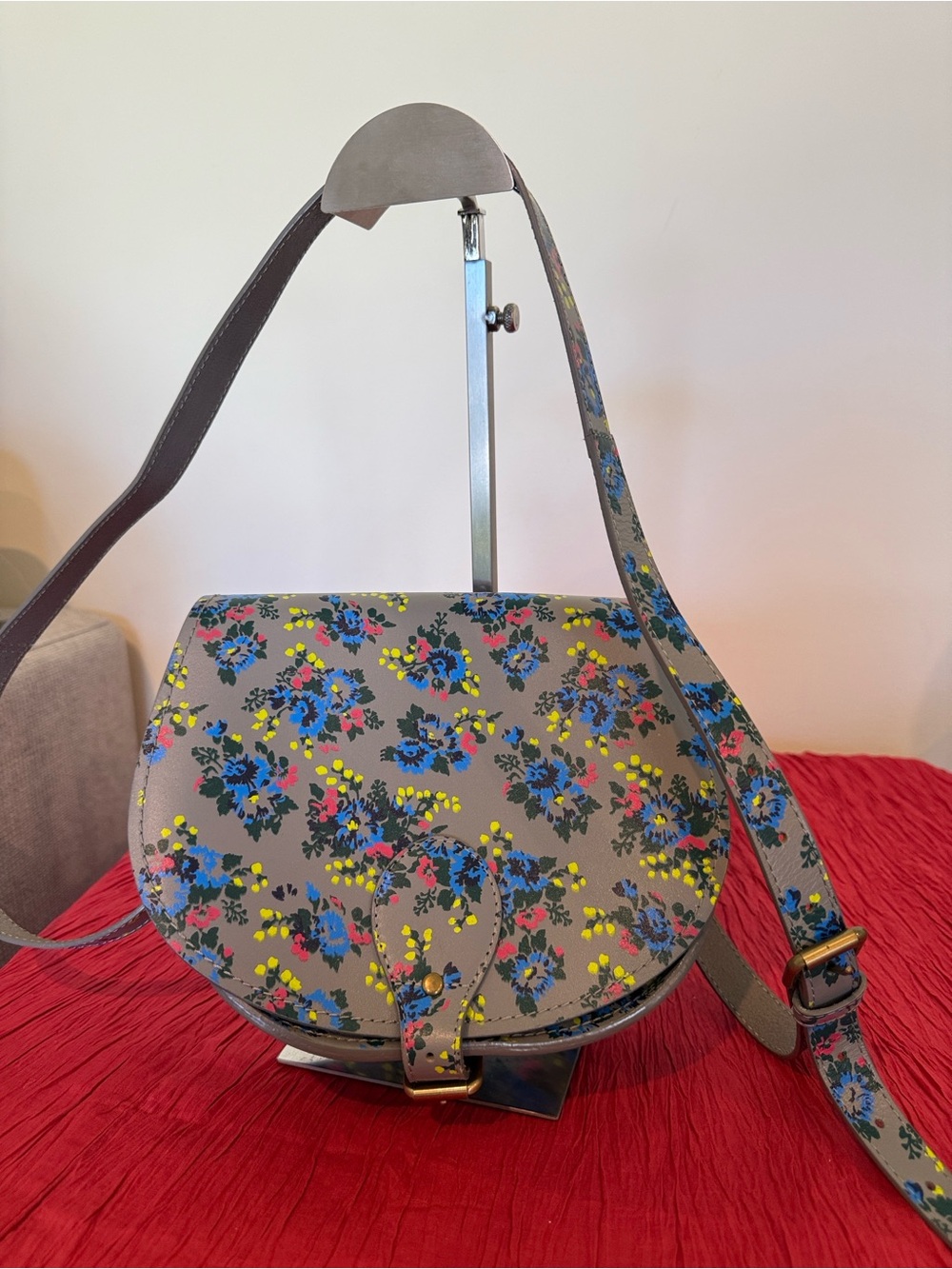 Johny B Floral hand painted leather Saddle Crossbody Bag in Gray